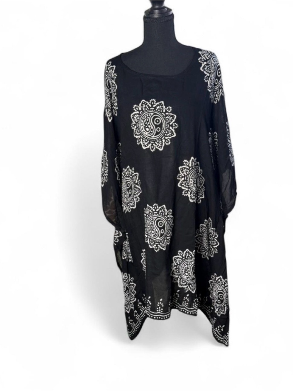 Rhea Boho Yin Yang Mandala Kaftan Dress Black Viscose Handkerchief Hem OS NEW